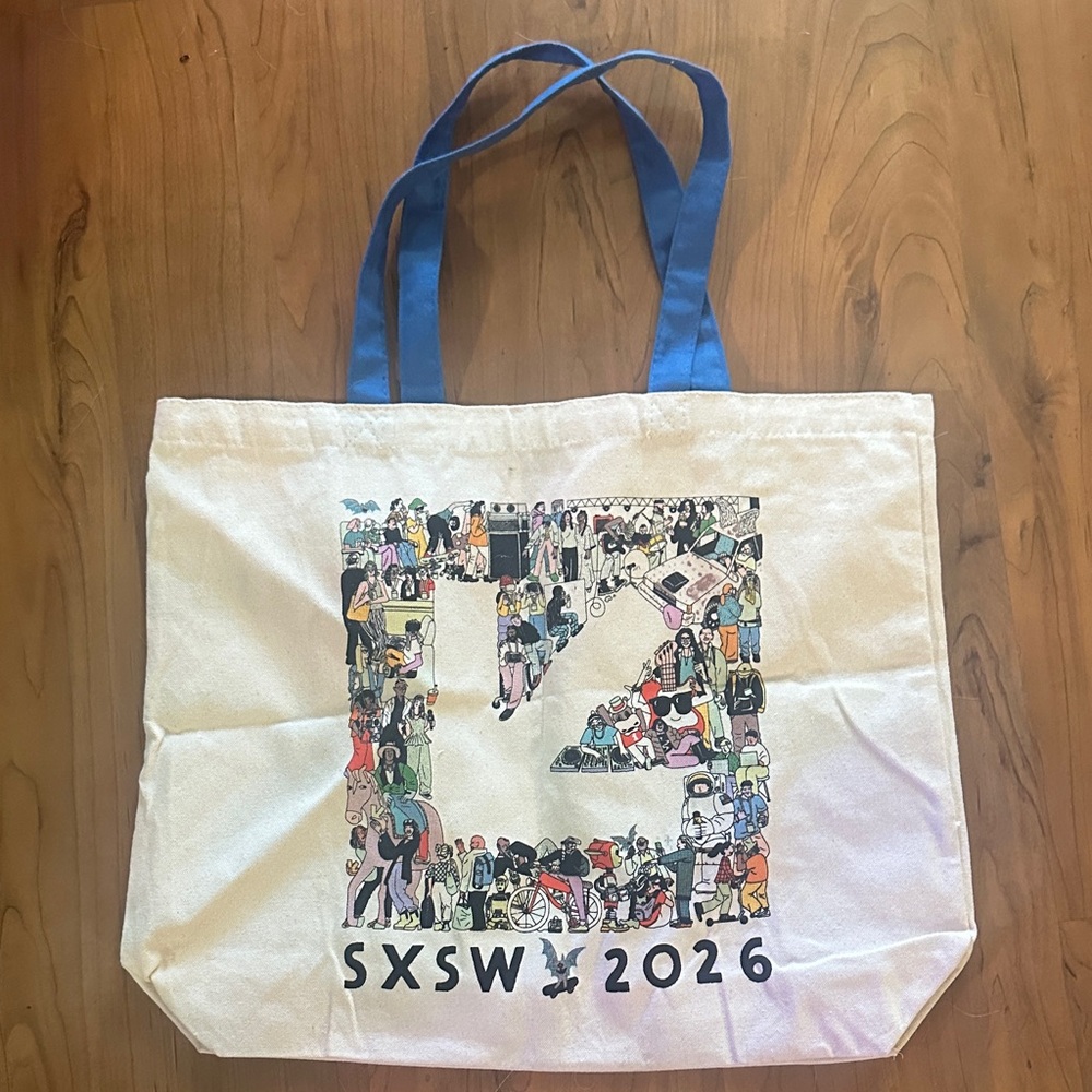 SXSW 2026 Canvas Tote Bag - White and Blue